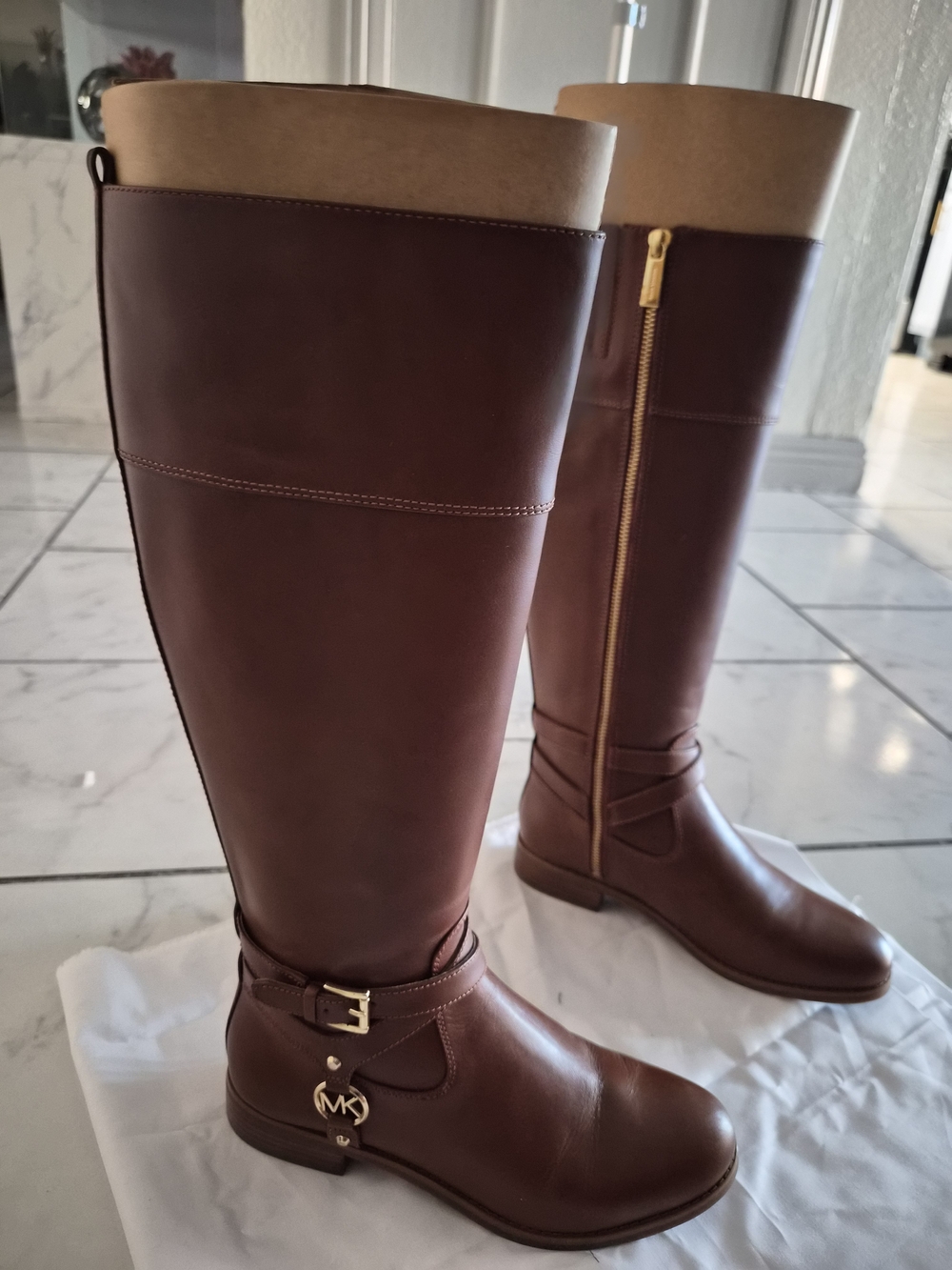 Michael Kors Chestnut Leather Knee-High Riding Boots with Gold Hardware
